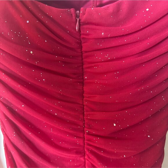 Red Ruched Long-Sleeve Sparkle Mini Dress With Bell Sleeves & Tie Back - Picture 3 of 5
